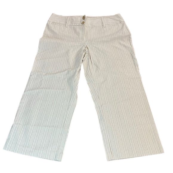 CATO Women 12 Ivory Brown Striped Capri Pants Button Casual Office Business - Picture 3 of 11